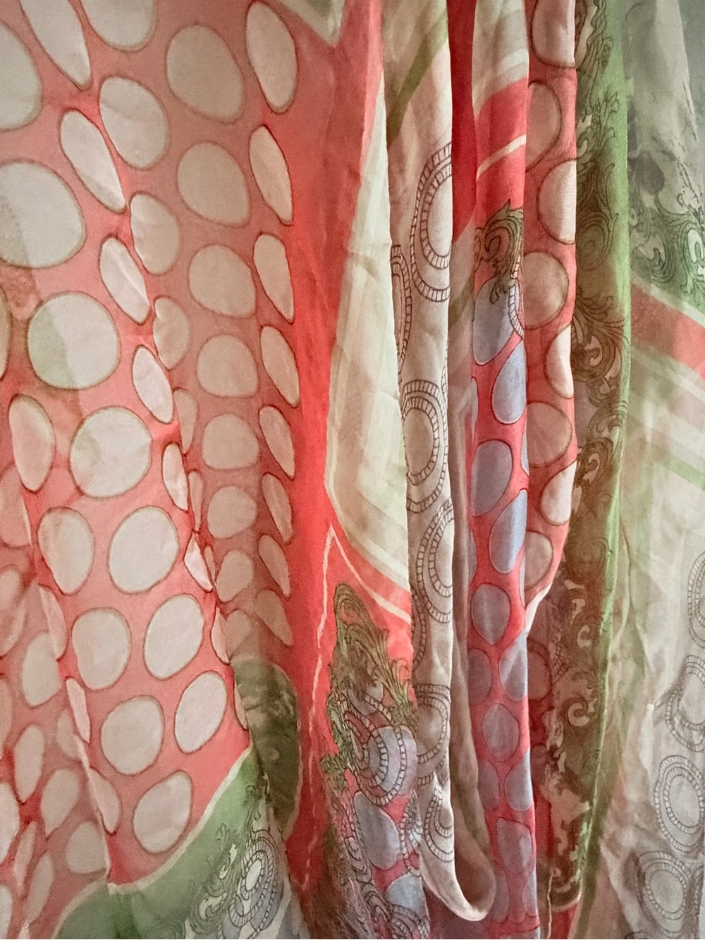 Lightweight Boho Shawl • Coral Green & Gray Print Scarf •Oversized Wrap - Picture 4 of 8